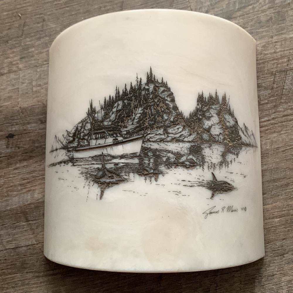 Scrimshaw like Etching Art by Alaskan Artist James R Morris “97” Man Cave cabin